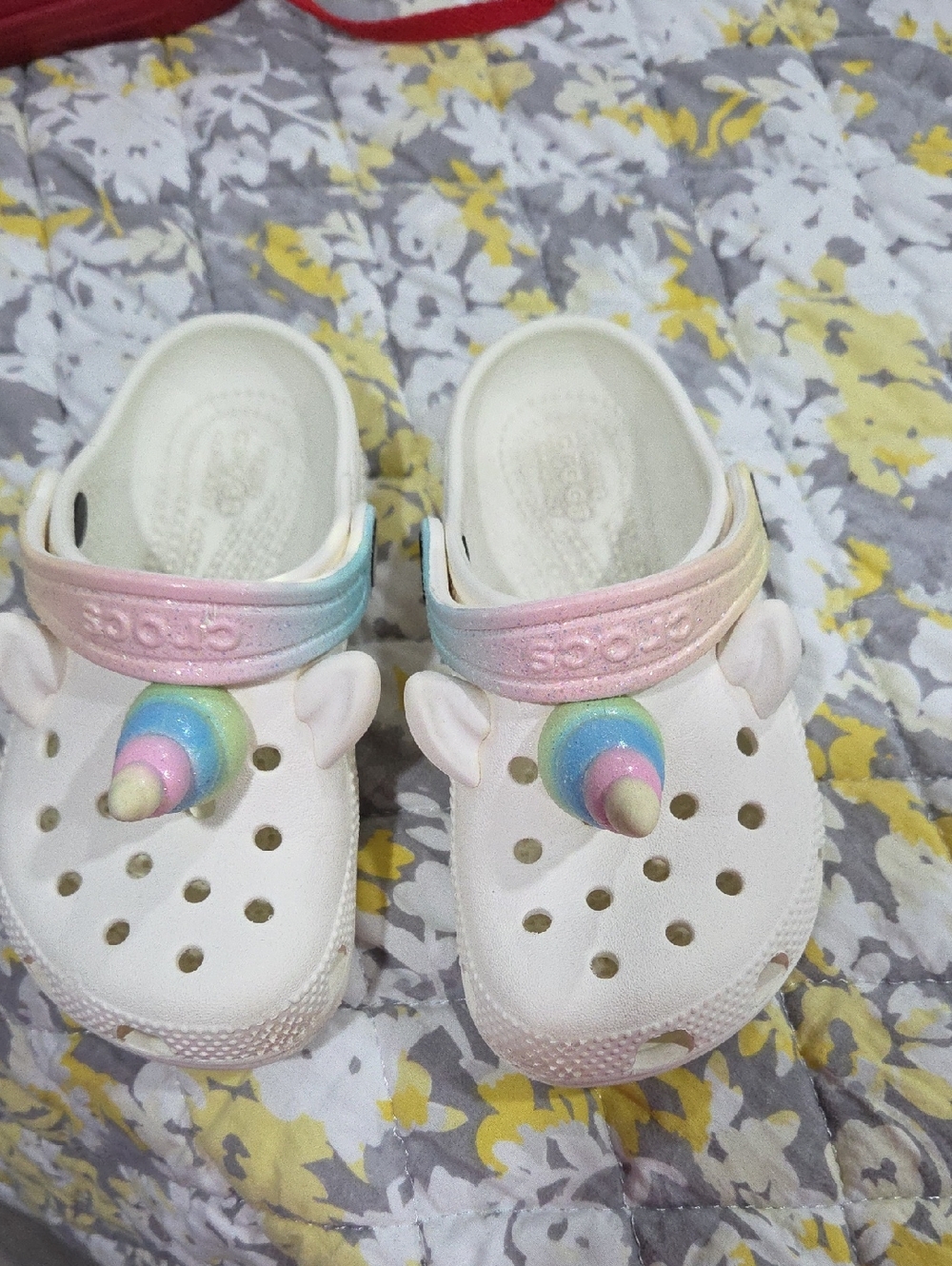 CROCS Kids White Unicorn Clog Sandals with Pastel Rainbow Accents